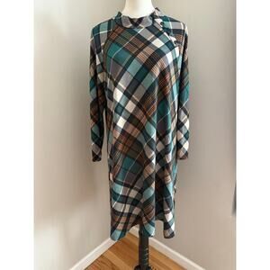 JH Long Sleeve Diagonal Green Plaid Shift Dress Sz XL Button Office Academic